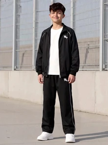 SHEIN Coolqubz 2件組 男士青少年休閒街頭風 白色解構設計立領拉鍊夾克與寬鬆直筒運動長褲套裝，適合休閒酷帥街頭風帥氣造型 - 彩色 - 查看 5