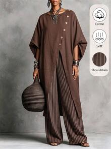 SHEIN Summer New Vintage Chocolate Brown Asymmetric Button Top And Loose Pants 2 Pieces Set, Casual Commuter Wear, Suitable For Daily Office Everyday Travel - Brown - View 2
