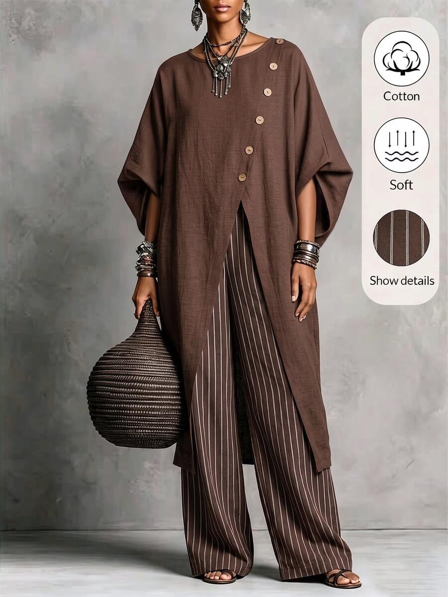 SHEIN Summer New Vintage Chocolate Brown Asymmetric Button Top And Loose Pants 2 Pieces Set, Casual Commuter Wear, Suitable For Daily Office Everyday Travel