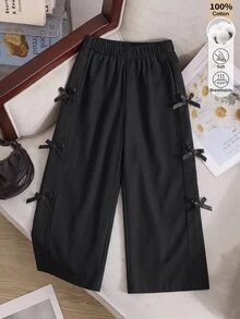 SHEIN 1件少女秋冬復古休閒黑色純棉布直筒寬腿長褲，側面飾有3D蝴蝶結，適合春秋日常外出 - 黑色 - 查看 7