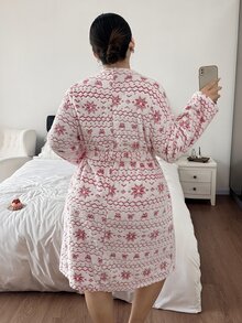 Napfluff CURVE Napfluff CURVE Christmas Fair Isle Snowflake Bow Pattern Plush Long Sleeve Drop Shoulder Pocket Plus Size Women's Robe - Multicolor - View 2