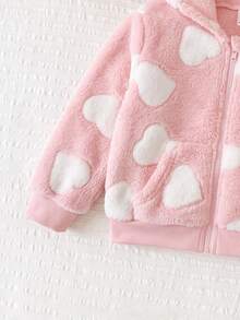 SHEIN Baby Girl Heart Pattern Casual Daily Hooded Jacket - Pink - View 3