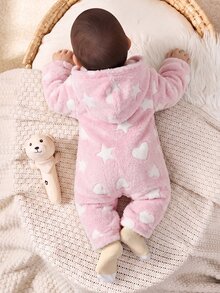 SHEIN 新生兒男嬰/女嬰可愛秋冬休閒白色毛茸茸卡通熊圖案連帽連身衣 - 彩色 - 查看 5
