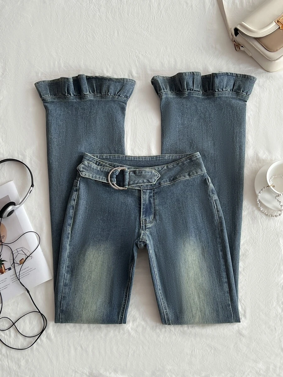 Elamini Fashion Retro Casual D-Buckle Belt Ruffle Hem Washed Slim Fit Flare Jeans - Dark Wash - View 1