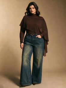 Elegantrix Women's Plus Size Autumn Single Piece High Neck Patchwork Chiffon Shawl Knit Top, Slim Fit Elegant Mature Style Daily Commute Long Sleeve Base Layer - Brown - View 1