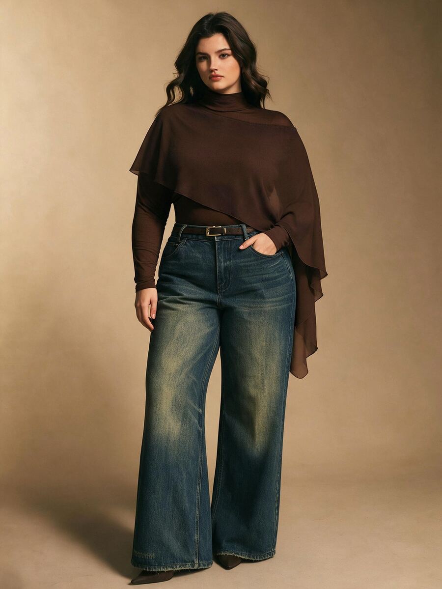 Elegantrix Women's Plus Size Autumn Single Piece High Neck Patchwork Chiffon Shawl Knit Top, Slim Fit Elegant Mature Style Daily Commute Long Sleeve Base Layer - Brown - View 1