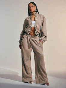 Denimoi Washed Sweatshirt Zip Front Sweats High Neck Pankou Buttons Knotted Button Loungewear Airport, Comfy Daily, Co-Ord Set - Grey - View 3