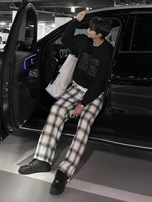DAZY 男士春秋黑白格紋梭織羊毛混紡彈性腰長款直筒韓式休閒長褲，四季條紋長褲 - 彩色 - 查看 4