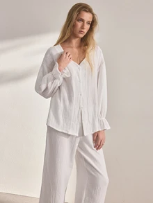 Ocili Women's Solid Color V-Neck Top And Pants Casual Daily Homewear Set - White - View 7