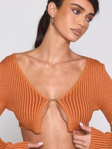 MUSERA Ribbed V Plunge Open Bar Trim Fastening Long Sleeve Super Cropped Knit Top Autumn Winter Fall Halloween Sexy Everyday Roadside Renegade - Orange - View 5
