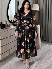 Feyla Plus Size French Floral Print Cowl Neck Pleated Dress - Multicolor - View 7
