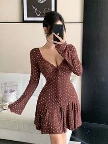 Dazy Tall Women's Deep V-Neck Polka Dot Sexy Casual Short Dress Fall - Brown - View 4