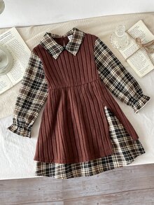 SHEIN 女童格紋領長袖洋裝，秋冬外出穿著，可愛優雅休閒日常款 - 咖啡 - 查看 4