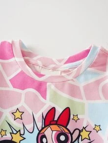 THE POWERPUFF GIRLS X SHEIN Bộ romper bé gái cổ tròn tay ngắn phong cách thường ngày - trắng - Xem 3