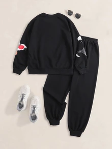 LOONEY TUNES X SHEIN Tween Boy Crew Neck Long Sleeve Sweatshirt And Sweatpants Casual Set - Black - View 2