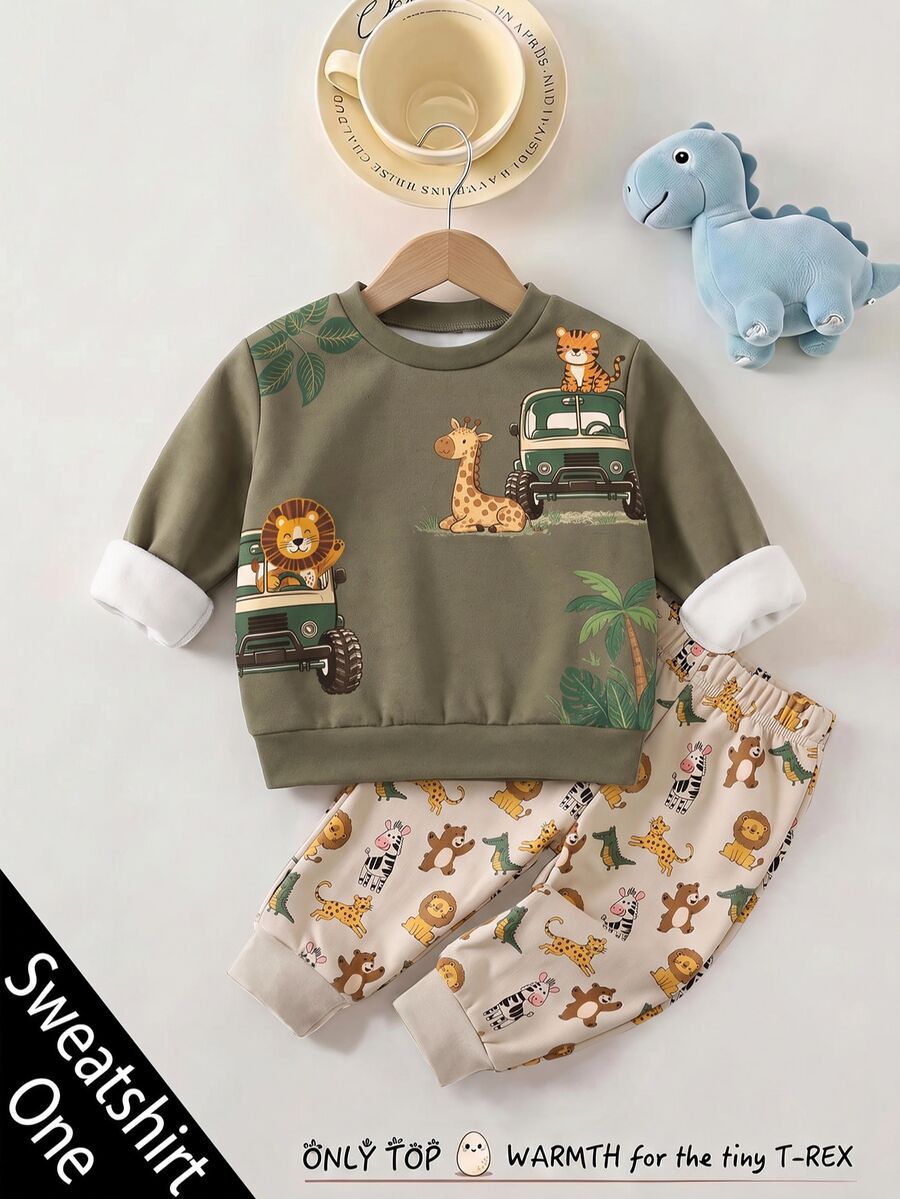 Baby Boy Crew Neck Casual Pullover Sweatshirt With Simple Cartoon Pattern, Suitable For Autumn/Winter - Multicolor - View 1