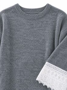 LUMIGAL Autumn/Winter New Round Neck Lace Patchwork Loose Fit Versatile Knit Top - Dark Grey - View 5