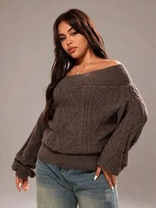 Rustia Plus Size Solid Color Off-Shoulder Sweater Pullover Top, Autumn/Winter - Rust Brown - View 6