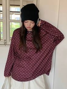 Dazy Plus Korean Style Polka Dot Loose Casual Versatile Brown Long Sleeve T-Shirt - Brown - View 7
