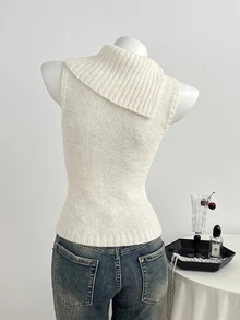 Elamini Women's Casual Versatile Design Collar Vintage Commute Daily Wear Autumn/Winter Slim Fit Sweater Vest - White - View 2