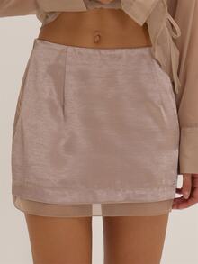 MUSEYN Beige Satin Organza Hem Mini Skirt Versatile Lounge Everyday Date Night Chic New Season Fall - Khaki - View 1