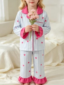 SHEIN 女童愛心條紋印花上衣與荷葉邊褲腳睡衣套裝 - 彩色 - 查看 4