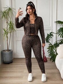 SHEIN EZwear 豹紋休閒大尺碼女款拉鍊方領背心與緊身褲套裝 - 咖啡棕 - 查看 8