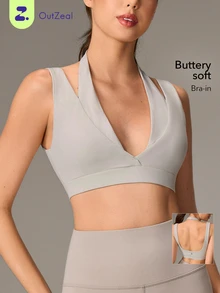 OutZeal Women Sports Bra Gym Workout Yoga Quick-Dry Bra-In Deep V Halter-Neck Bra - Light Grey - View 1