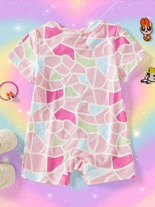 THE POWERPUFF GIRLS X SHEIN Bộ romper bé gái cổ tròn tay ngắn phong cách thường ngày - trắng - Xem 2