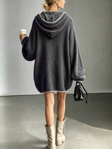 Trelyra Women's Casual Elegant Hooded Ribbed Fleece Long Sweatshirt, Beaded Contrast Color Design Casual Top - Dark Grey - View 2