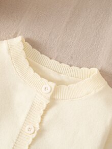 SHEIN Baby Girls Cardigans, Round Neck Knitted Sweater Open Front Long Sleeve Jacket, Suitable For Autumn/Winter, Red, Versatile For Daily Wear, Suitable For Festivals, Suitable For Christmas, Fashionable, Elegant, Minimalist, Chic, Suitable For Daily Wear, Suitable For Travel, Suitable For School, Suitable For Daycare - White - View 4