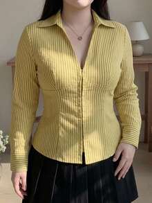 Dazy Plus Autumn V-Neck Long Sleeve Yellow Striped Cute Cinched Waist Slim Fit Elegant Date Commute Cardigan Shirt - Yellow - View 4