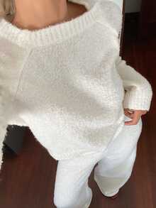 Livesso Women's 2 Pieces Set: White Round Neck Long Sleeve Knit Sweater And High-Waist Slim Fit Ribbed Knit Pants, Autumn/Winter - White - View 5