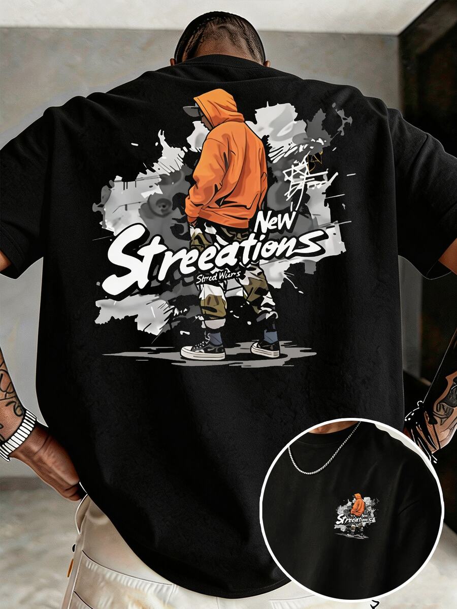 Manfinity Homme Men's Plus Size Classic Street Graffiti Double-Sided Graphic T-Shirt, Suitable For Daily Wear And Gatherings - Black - View 1