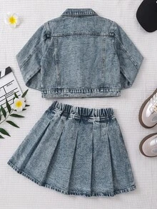 SHEIN 女童藍色牛仔破洞寬鬆短版長袖外套與百褶迷你裙2件套 秋冬2026 可愛Y2K 百搭 萬聖節新年 - 藍色 - 查看 4