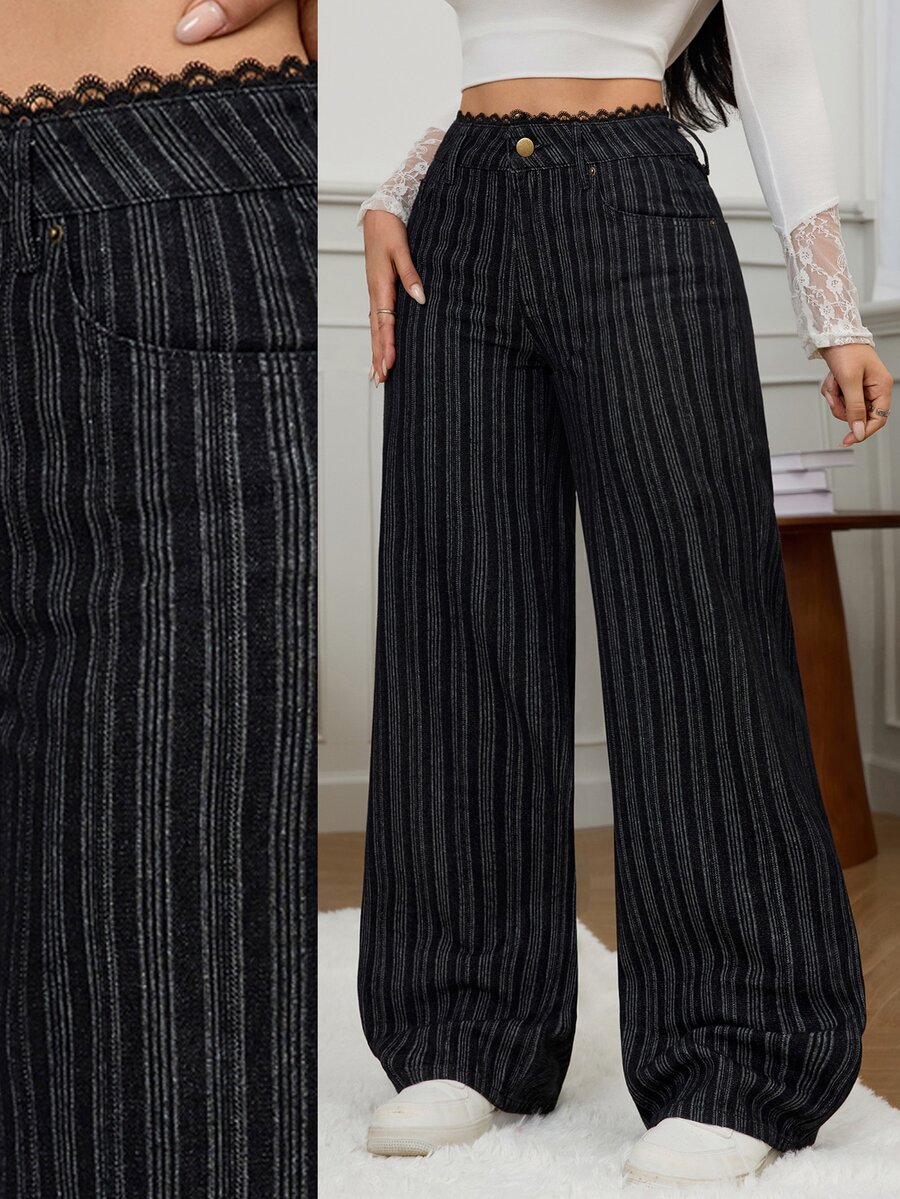 SHEIN MOD Celana Jeans Denim Kasual Bergaris Kancing untuk Wanita Ukuran Besar, Cocok untuk Pemakaian Sehari-hari - Hitam - View 1