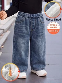 SHEIN Playful Pals 女嬰保暖內裡牛仔長褲 休閒百搭極簡 Y2K 街頭風 酷感破洞 寬鬆直筒 水洗藍 舒適牛仔褲 適合日常穿著 中性款 - 淺色水洗藍 - 查看 3