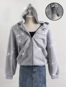 SHEIN Autumn/Winter Girls' Hooded Zip-Up Jacket - Mixed Street Style, Rhinestone Sweatshirt Knit Fabric Suitable For Autumn/Winter, Slightly Oversized Fit With Growth Room, Campus To Street Instant Transformation Into Energetic Girl! - Grey - View 1