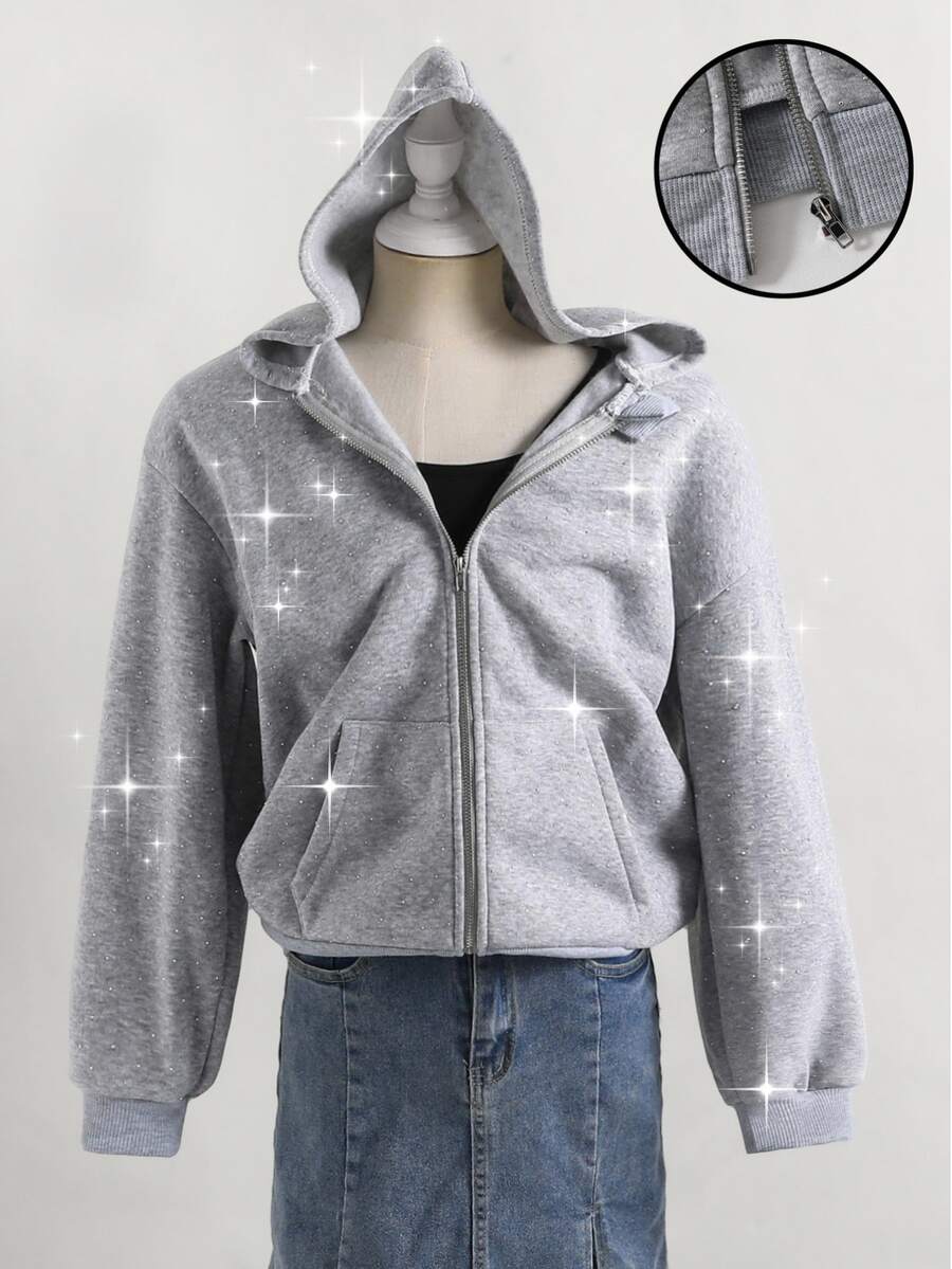 SHEIN Autumn/Winter Girls' Hooded Zip-Up Jacket - Mixed Street Style, Rhinestone Sweatshirt Knit Fabric Suitable For Autumn/Winter, Slightly Oversized Fit With Growth Room, Campus To Street Instant Transformation Into Energetic Girl! - Grey - View 1