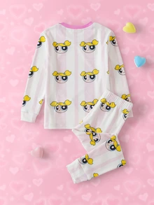 THE POWERPUFF GIRLS X SHEIN 女童圓領長袖上衣與長褲家居服套裝 - 粉色 - 查看 2
