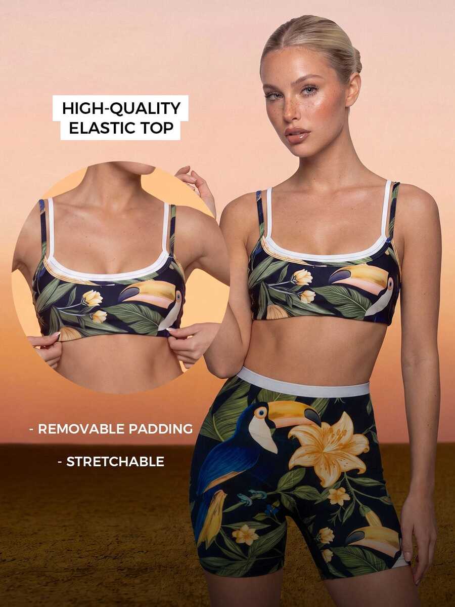 CAJUNI Women's Tropical Plant Print Everyday Fitness Sports Bra - Multicolor - View 1