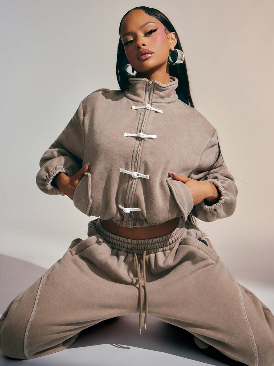 Denimoi Washed Sweatshirt Zip Front Sweats High Neck Pankou Buttons Knotted Button Loungewear Airport, Comfy Daily, Co-Ord Set - Grey - View 1