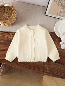 SHEIN Baby Girls Cardigans, Round Neck Knitted Sweater Open Front Long Sleeve Jacket, Suitable For Autumn/Winter, Red, Versatile For Daily Wear, Suitable For Festivals, Suitable For Christmas, Fashionable, Elegant, Minimalist, Chic, Suitable For Daily Wear, Suitable For Travel, Suitable For School, Suitable For Daycare - White - View 1