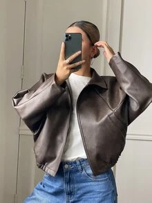 DAZY Women's Elegant PU Material Jacket With Pockets And Zipper - Brown - View 4