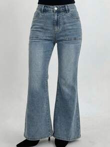 Dazy Plus Plus Size Women's Washed Distressed Stretch Flare Leg Jeans With Pockets - Light Wash - View 1