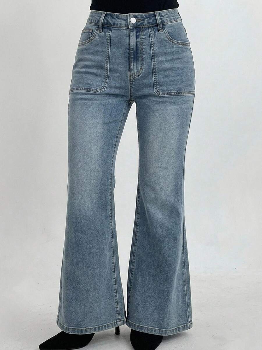 Dazy Plus Plus Size Women's Washed Distressed Stretch Flare Leg Jeans With Pockets - Light Wash - View 1