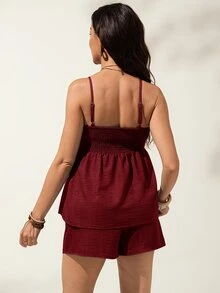 SHEIN Women's Casual Vacation Solid Color Ruffle Collar Cardigan And Shorts Maternity Set, Spring/Summer - Burgundy - View 7