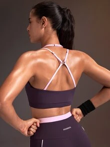 Powerista Women's Letter Print 2 In 1 Daily Fitness Sports Bra - Purple - View 3