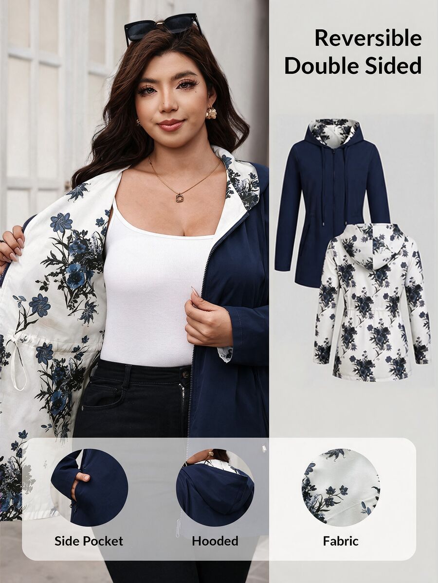 SHEIN Clasi Plus Size Women's Reversible Long Sleeve Zip-Up Drawstring Hooded Jacket - Navy Blue - View 1