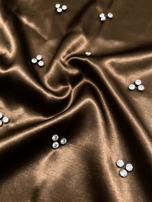 Yasmyna Women Spring Fall Winter Elegant Slim Fit Modest Dark Brown Satin Round Neck Beaded Rhinestone Long Sleeve Fitted Waist Flowy MaxiDressForBanquetParty - Coffee Brown - View 11